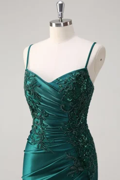 Brilhante verde escuro sereia espaguete alças vestido de baile