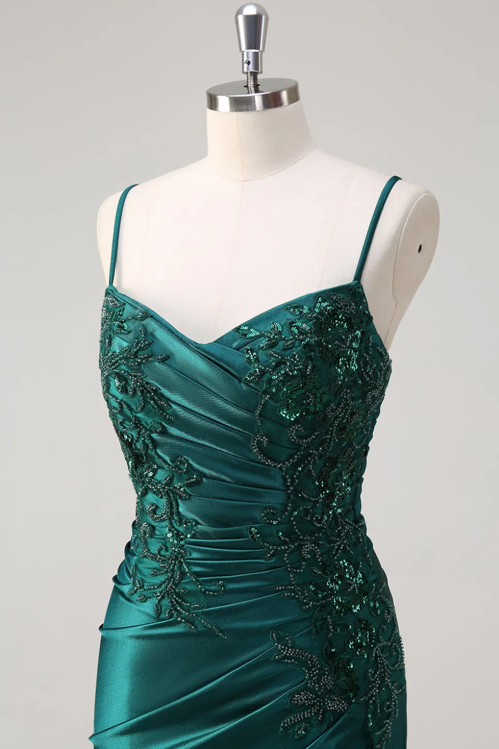 Brilhante verde escuro sereia espaguete alças vestido de baile