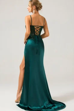 Brilhante verde escuro sereia lantejoulas plissado espartilho longo vestido de baile com fenda