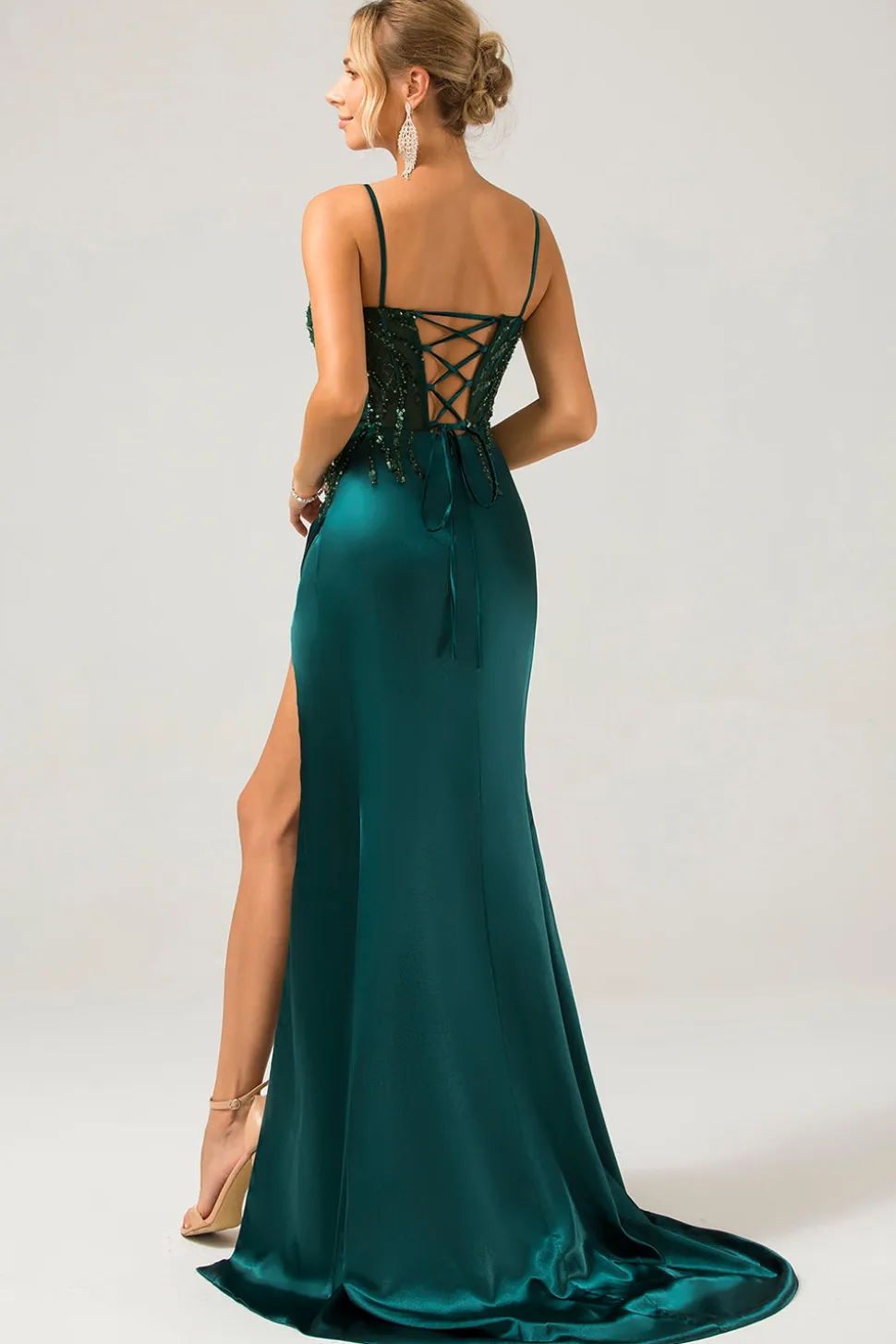 Brilhante verde escuro sereia lantejoulas plissado espartilho longo vestido de baile com fenda