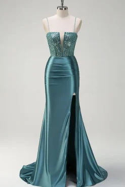 Brilhante verde escuro sereia espaguete alças frisado longo vestido de baile com fenda