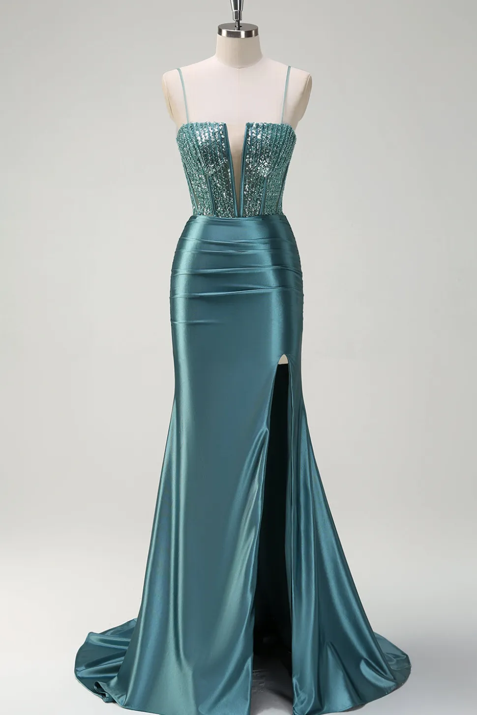 Brilhante verde escuro sereia espaguete alças frisado longo vestido de baile com fenda