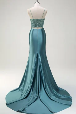 Brilhante verde escuro sereia espaguete alças frisado longo vestido de baile com fenda