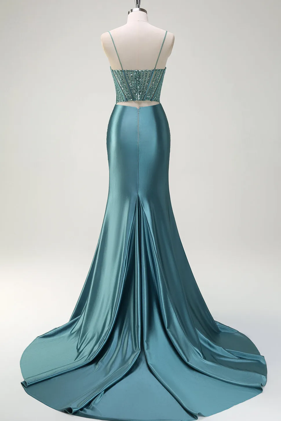 Brilhante verde escuro sereia espaguete alças frisado longo vestido de baile com fenda