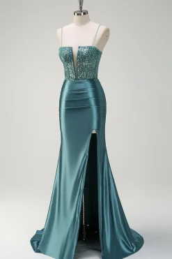 Brilhante verde escuro sereia espaguete alças frisado longo vestido de baile com fenda