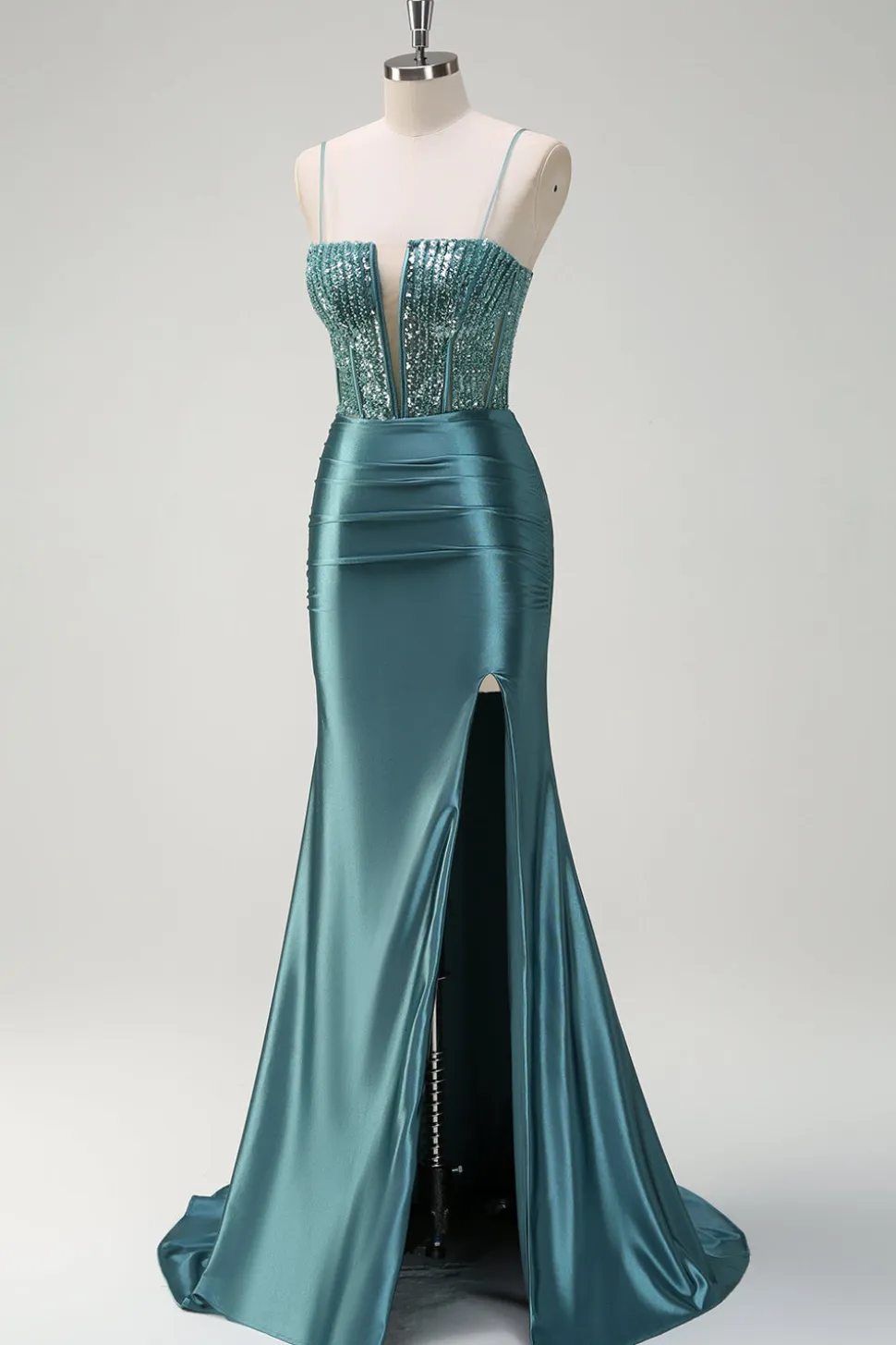 Brilhante verde escuro sereia espaguete alças frisado longo vestido de baile com fenda
