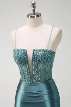 Brilhante verde escuro sereia espaguete alças frisado longo vestido de baile com fenda