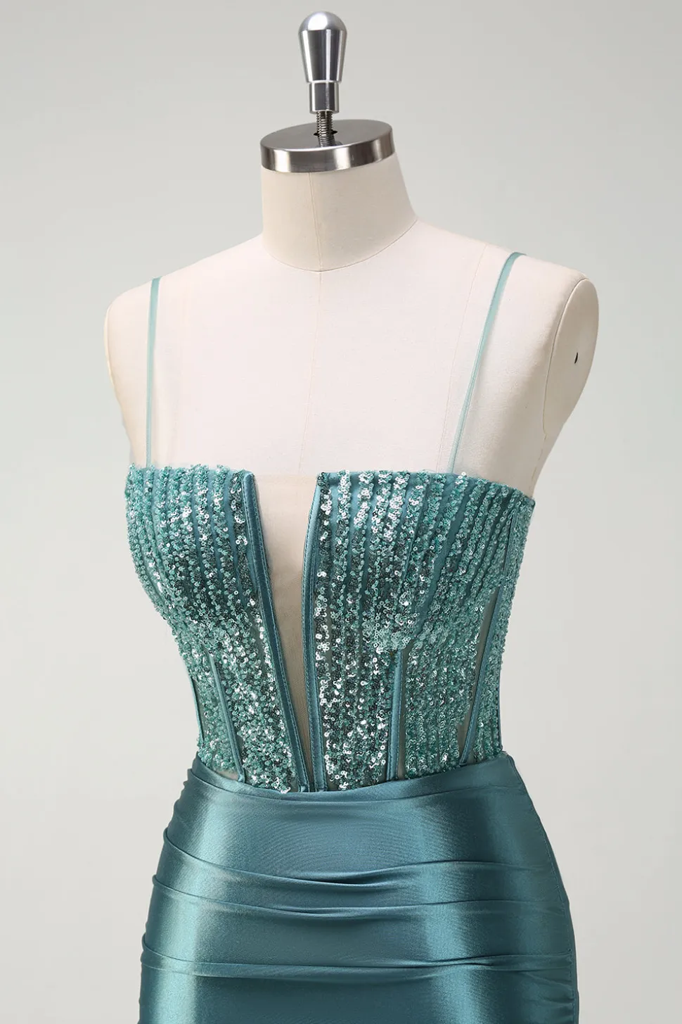 Brilhante verde escuro sereia espaguete alças frisado longo vestido de baile com fenda