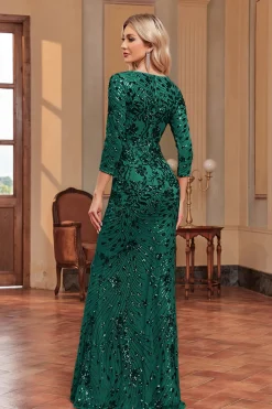 Brilhante Verde Escuro Sereia Appliques Pescoço Quadrado Mãe do Vestido da Noiva com 3/4 Mangas
