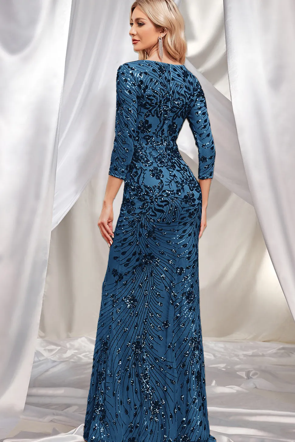 Brilhante Verde Escuro Sereia Appliques Pescoço Quadrado Mãe do Vestido da Noiva com 3/4 Mangas