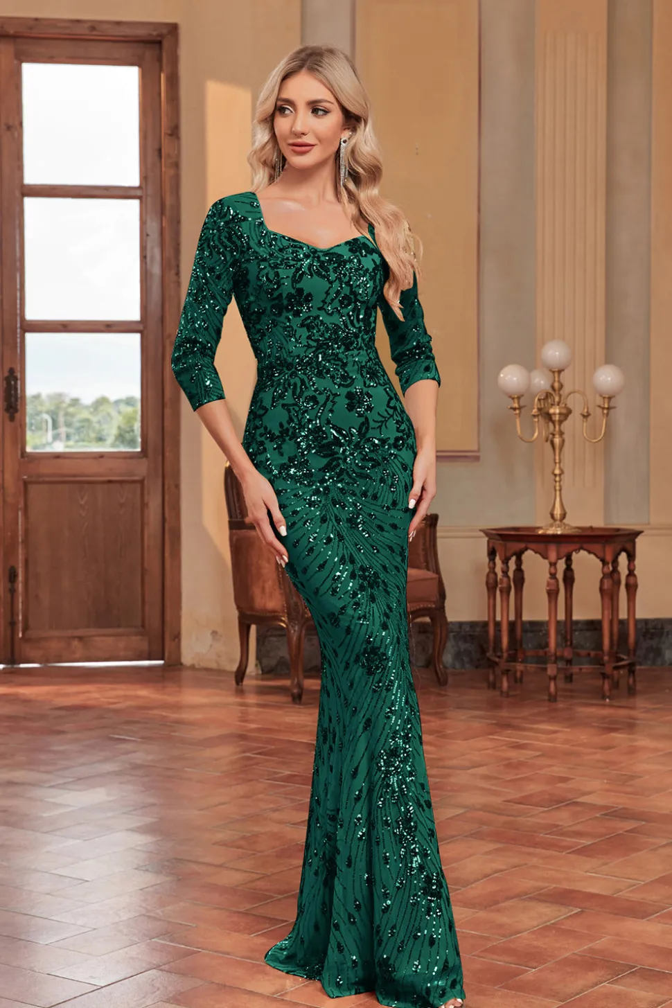Brilhante Verde Escuro Sereia Appliques Pescoço Quadrado Mãe do Vestido da Noiva com 3/4 Mangas