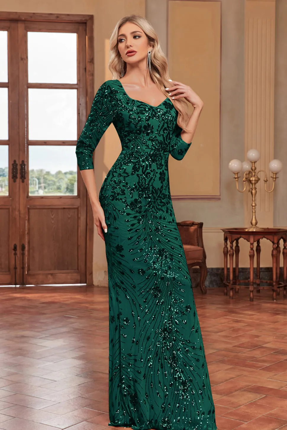 Brilhante Verde Escuro Sereia Appliques Pescoço Quadrado Mãe do Vestido da Noiva com 3/4 Mangas