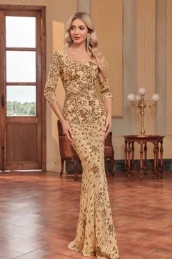 Brilhante Verde Escuro Sereia Appliques Pescoço Quadrado Mãe do Vestido da Noiva com 3/4 Mangas