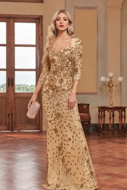 Brilhante Verde Escuro Sereia Appliques Pescoço Quadrado Mãe do Vestido da Noiva com 3/4 Mangas