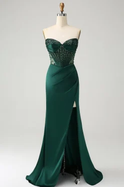 Brilhante verde escuro sereia sem alças espartilho longo vestido de baile com fenda