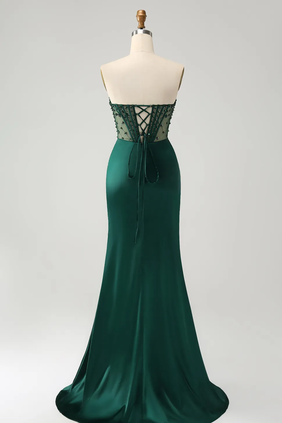 Brilhante verde escuro sereia sem alças espartilho longo vestido de baile com fenda