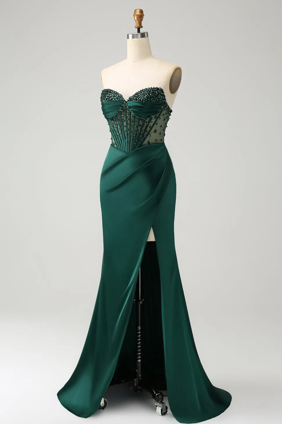 Brilhante verde escuro sereia sem alças espartilho longo vestido de baile com fenda