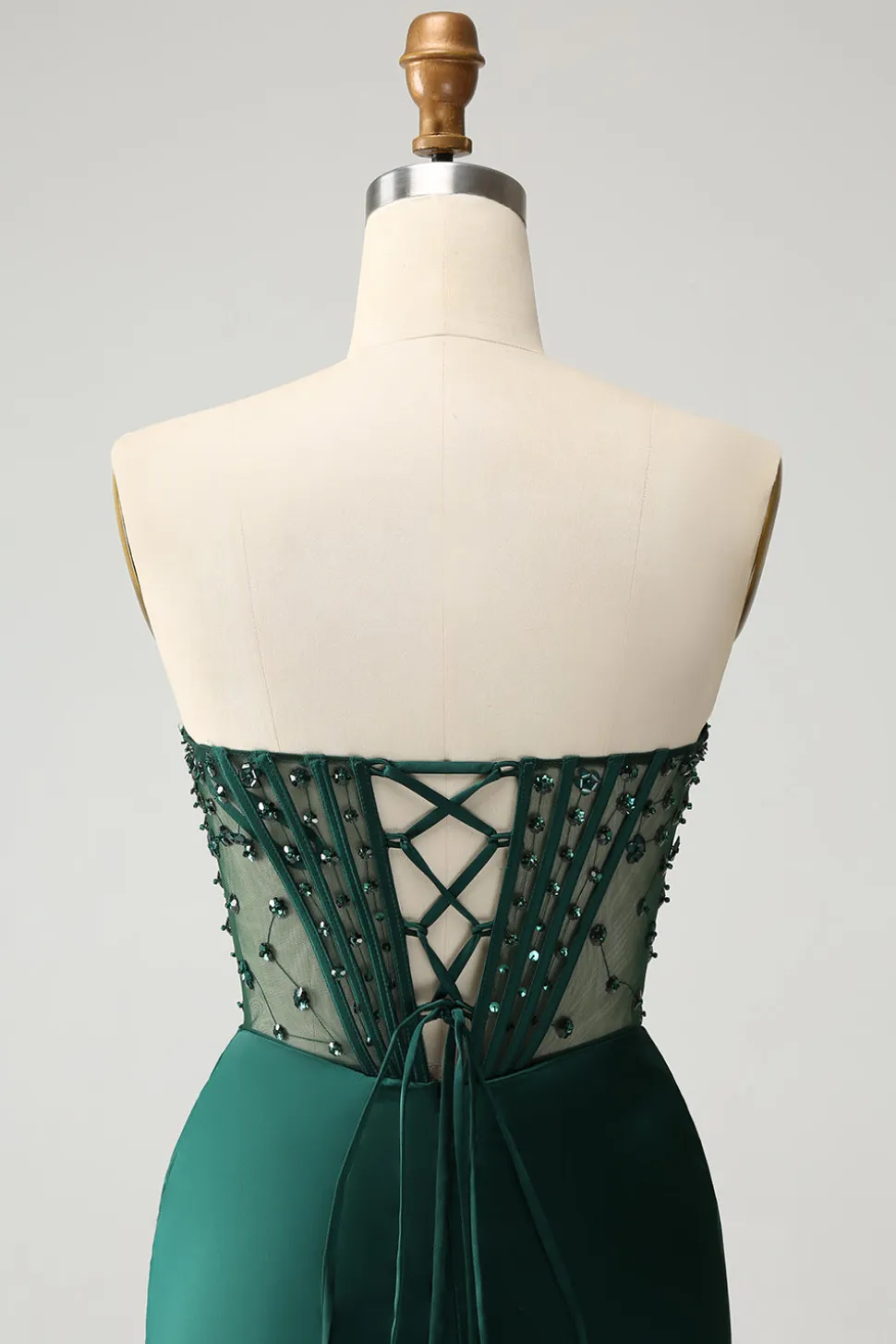 Brilhante verde escuro sereia sem alças espartilho longo vestido de baile com fenda