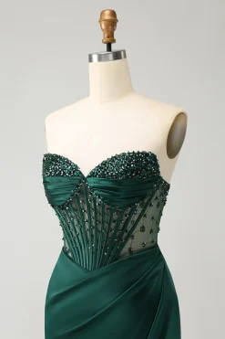 Brilhante verde escuro sereia sem alças espartilho longo vestido de baile com fenda