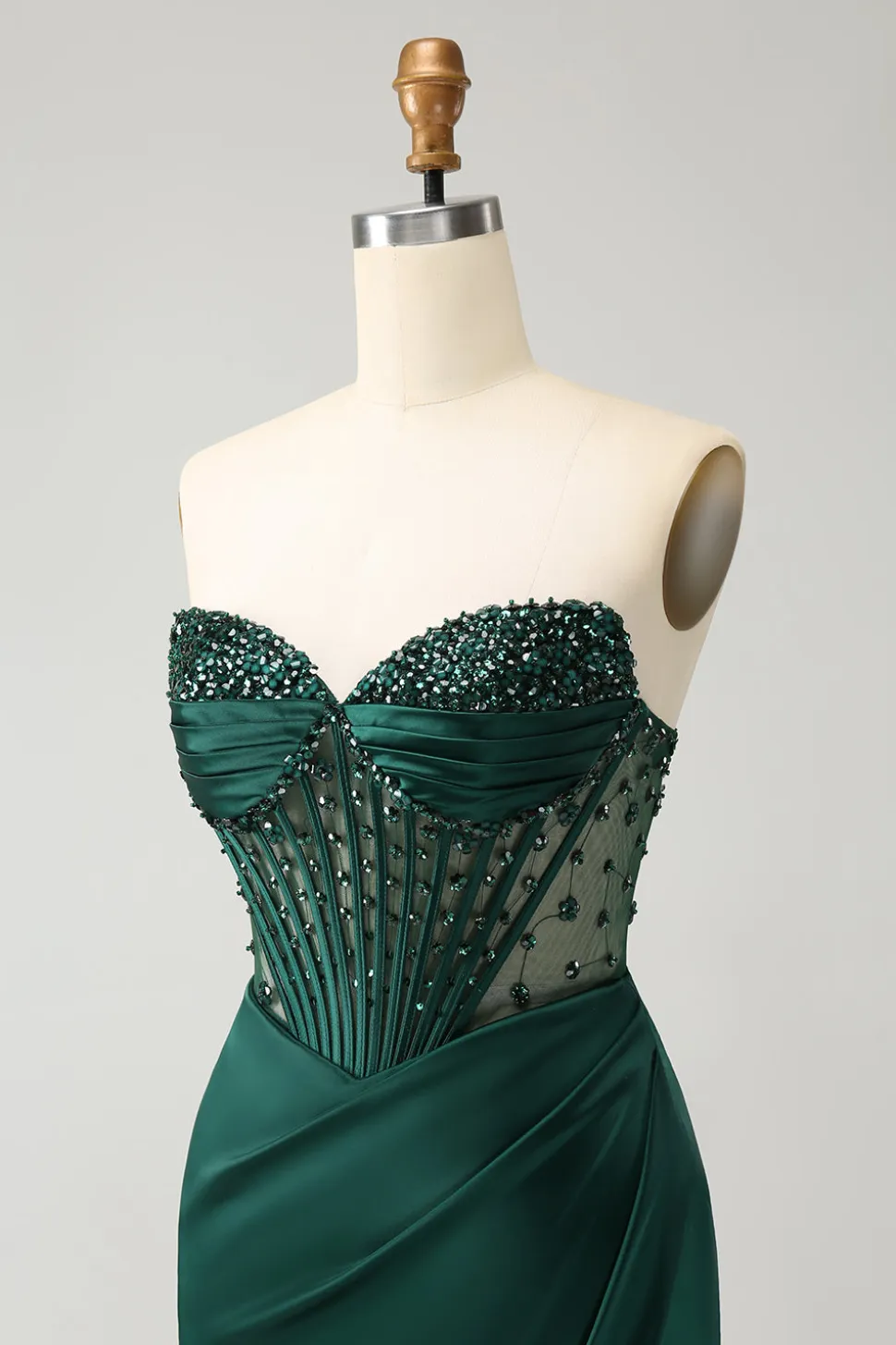 Brilhante verde escuro sereia sem alças espartilho longo vestido de baile com fenda