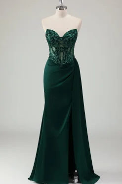 Brilhante verde escuro sereia querida espartilho longo vestido de baile com fenda
