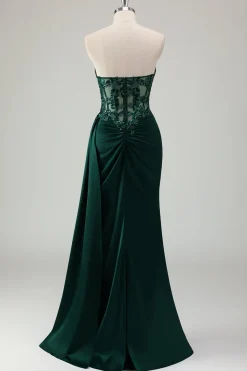 Brilhante verde escuro sereia querida espartilho longo vestido de baile com fenda