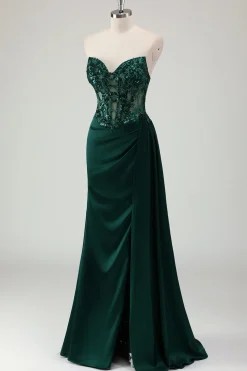 Brilhante verde escuro sereia querida espartilho longo vestido de baile com fenda