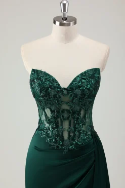 Brilhante verde escuro sereia querida espartilho longo vestido de baile com fenda