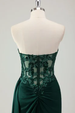 Brilhante verde escuro sereia querida espartilho longo vestido de baile com fenda