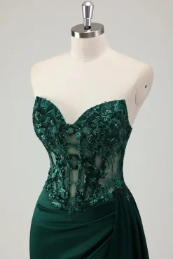 Brilhante verde escuro sereia querida espartilho longo vestido de baile com fenda