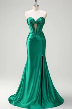 Brilhante verde escuro sereia sem alças espartilho espartilho de cetim ruchado vestido de baile com fenda