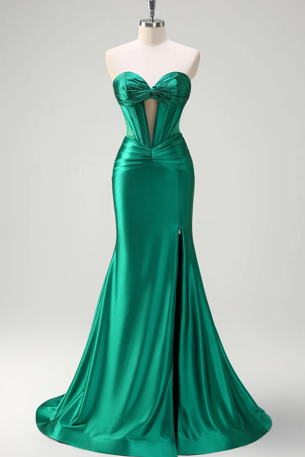 Brilhante verde escuro sereia sem alças espartilho espartilho de cetim ruchado vestido de baile com fenda