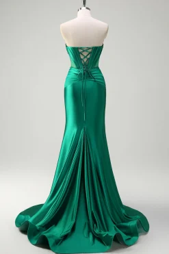 Brilhante verde escuro sereia sem alças espartilho espartilho de cetim ruchado vestido de baile com fenda