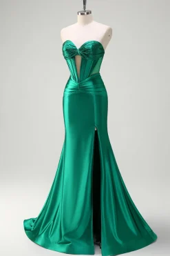 Brilhante verde escuro sereia sem alças espartilho espartilho de cetim ruchado vestido de baile com fenda