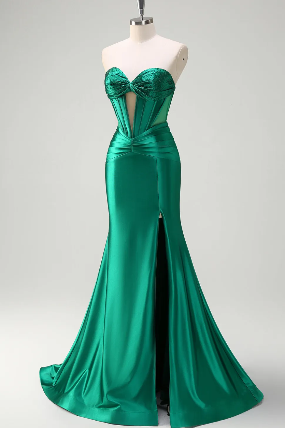 Brilhante verde escuro sereia sem alças espartilho espartilho de cetim ruchado vestido de baile com fenda