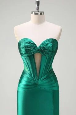 Brilhante verde escuro sereia sem alças espartilho espartilho de cetim ruchado vestido de baile com fenda