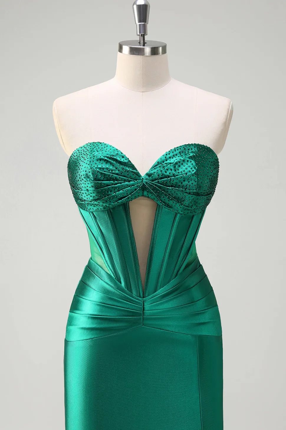 Brilhante verde escuro sereia sem alças espartilho espartilho de cetim ruchado vestido de baile com fenda