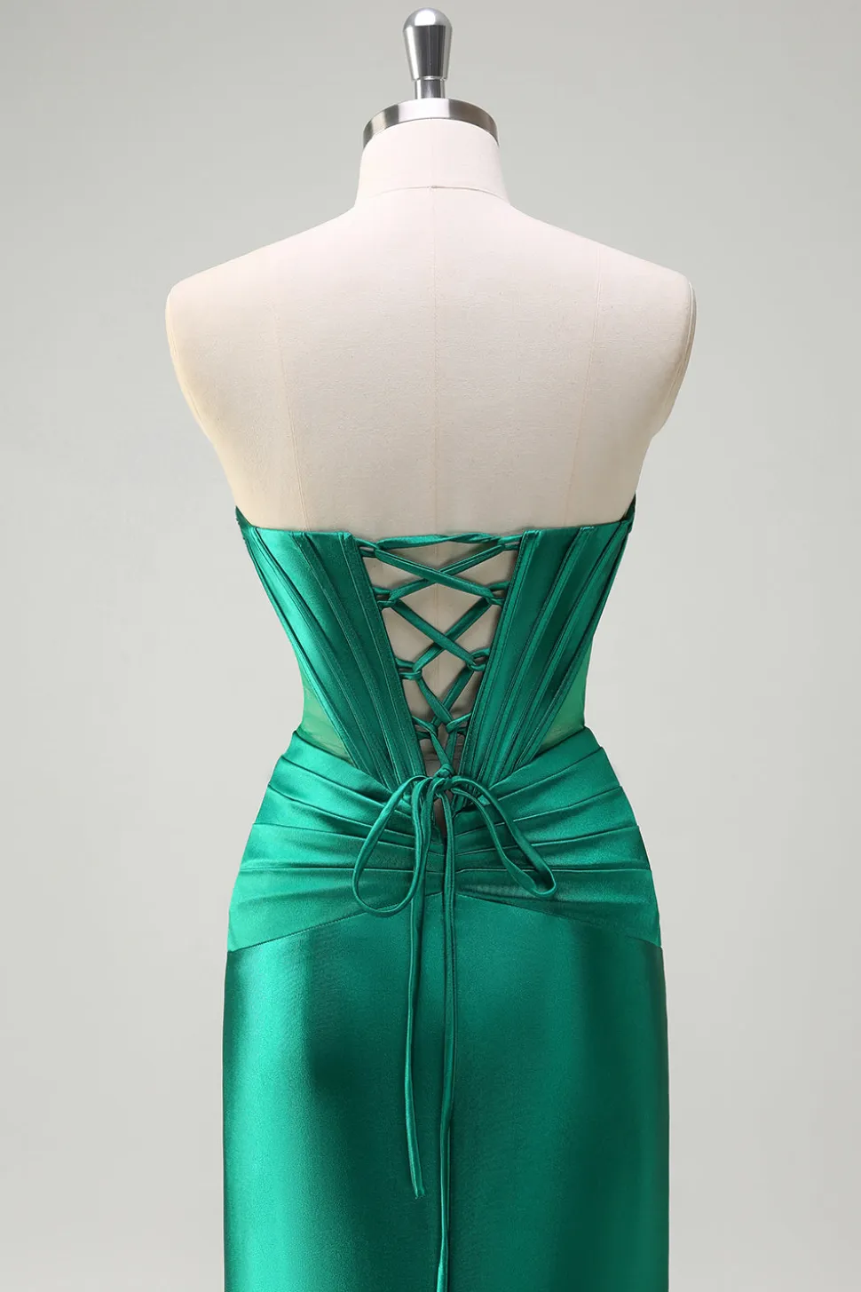 Brilhante verde escuro sereia sem alças espartilho espartilho de cetim ruchado vestido de baile com fenda