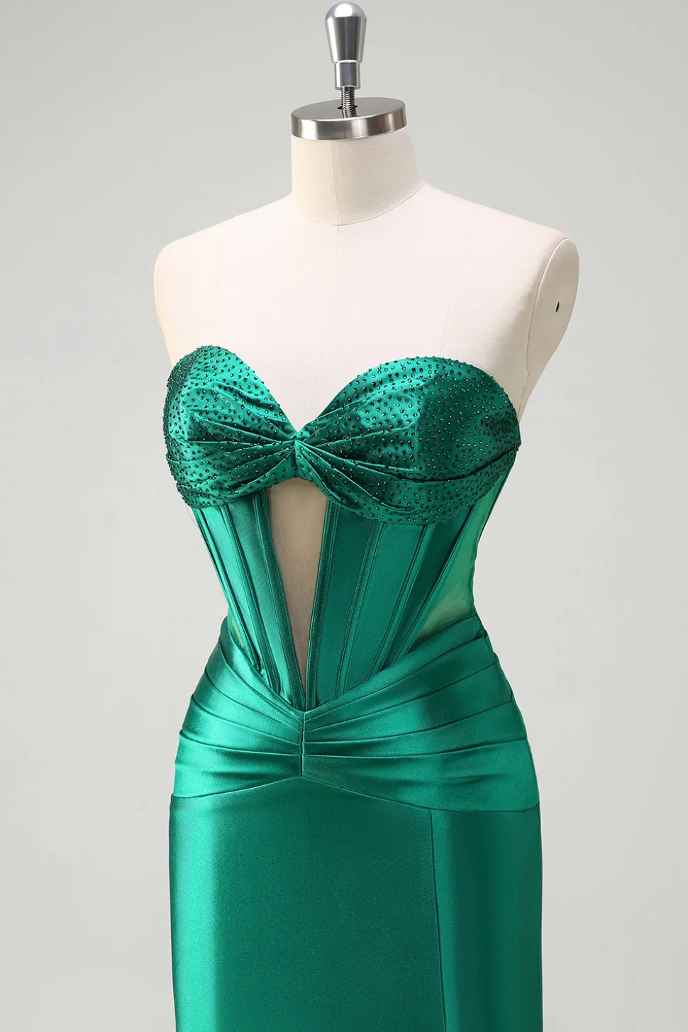 Brilhante verde escuro sereia sem alças espartilho espartilho de cetim ruchado vestido de baile com fenda