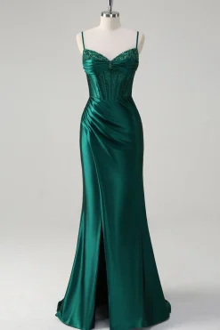 Brilhante verde escuro sereia espartilho frisado longo vestido de baile com fenda