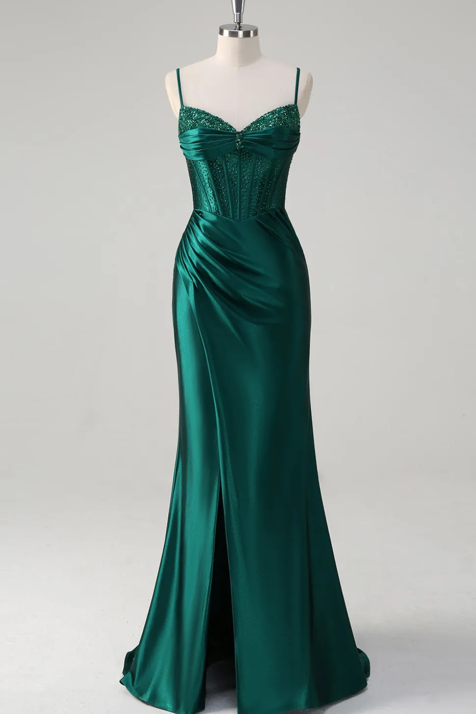 Brilhante verde escuro sereia espartilho frisado longo vestido de baile com fenda