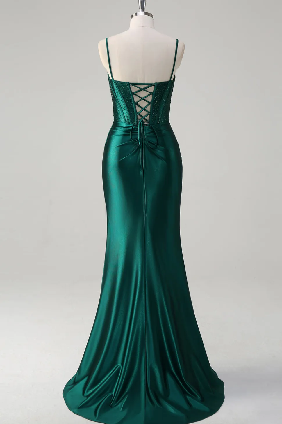 Brilhante verde escuro sereia espartilho frisado longo vestido de baile com fenda