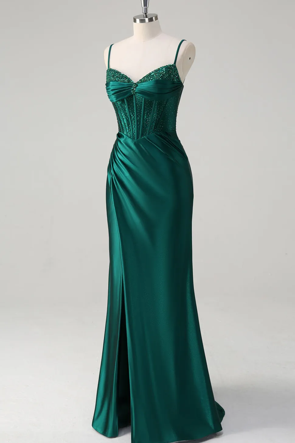 Brilhante verde escuro sereia espartilho frisado longo vestido de baile com fenda