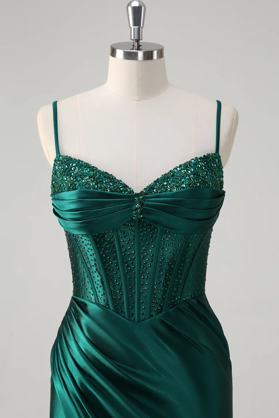 Brilhante verde escuro sereia espartilho frisado longo vestido de baile com fenda