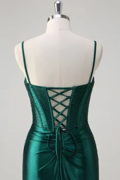Brilhante verde escuro sereia espartilho frisado longo vestido de baile com fenda