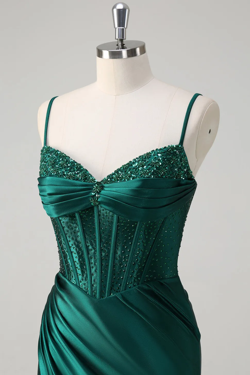 Brilhante verde escuro sereia espartilho frisado longo vestido de baile com fenda