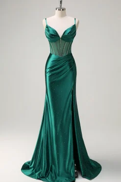 Brilhante verde escuro sereia espaguete correias espartilho frisado longo vestido de baile com fenda