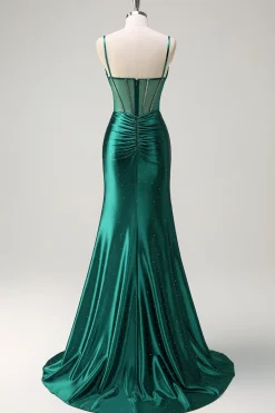 Brilhante verde escuro sereia espaguete correias espartilho frisado longo vestido de baile com fenda