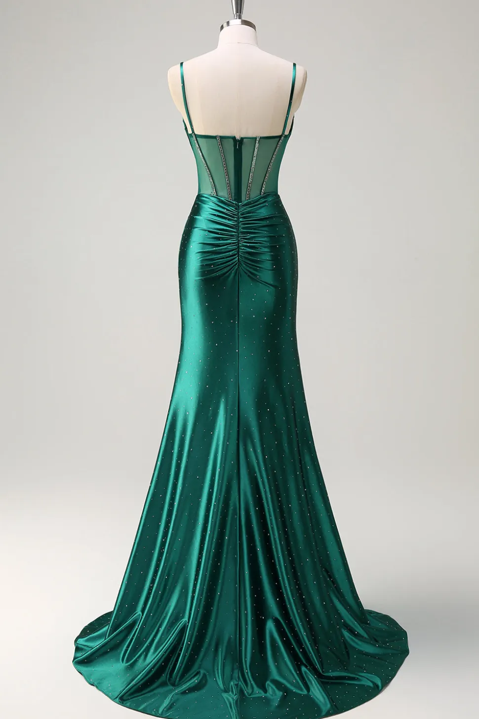 Brilhante verde escuro sereia espaguete correias espartilho frisado longo vestido de baile com fenda