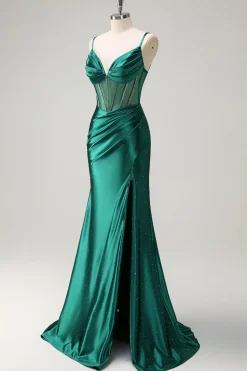 Brilhante verde escuro sereia espaguete correias espartilho frisado longo vestido de baile com fenda